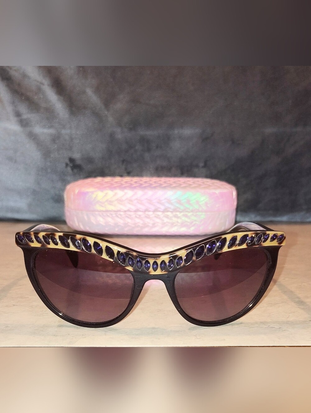NWOT Prada Black & Leopard Cat-Eye Sunglasses W/ Purple Lens & Purple Gems